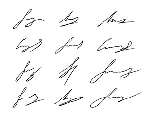 Handwritten fake autograph set. Fictitious vector signatures for signing documents on white background