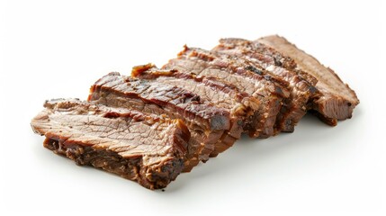 Smoky, tender pork brisket slices, isolated on a white backdrop