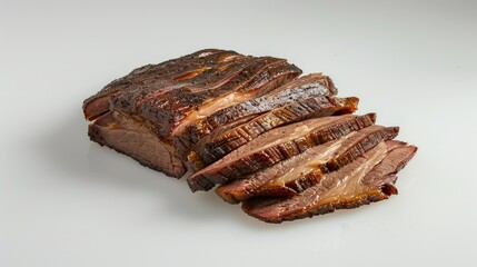 Succulent smoked pork brisket, sliced and displayed on white