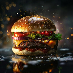 A close up stylish hamburger in dark cinematic background