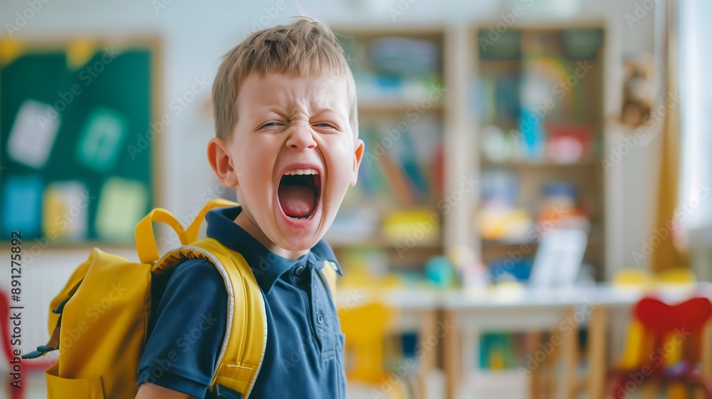 Wall mural A young boy is standing in a classroom, wearing a yellow backpack and blue shirt, with an angry expression on his face, he is shouting.