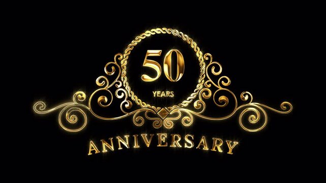 50th Anniversary Celebration. Golden 50 Years Anniversary Animation in Gold Color on the Transparent Background, Alpha Channel. Great for greetings, celebrations, events, and gifts.