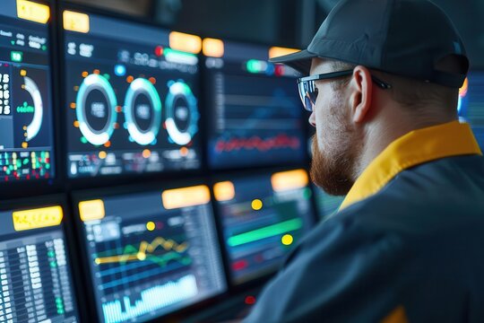 Telecommunication engineer monitoring network performance on a digital dashboard, telecommunication engineer, performance