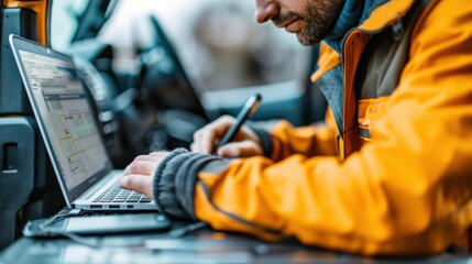 Field engineer documenting findings on a rugged laptop at a remote site, onsite survey, mobile technology