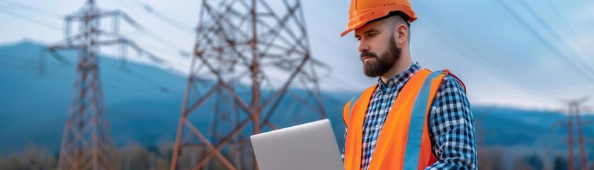 Field engineer with a rugged laptop examining power lines in a mountainous area, remote monitoring