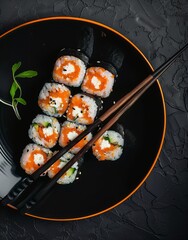 Sushi composition on black background. The Art of Japanese Cuisine. Food photography for menu and sushi bar decoration