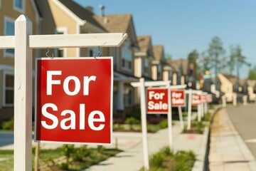 A row of houses with "For Sale" signs in a suburban neighborhood, indicating real estate opportunities and housing market.