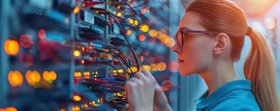 Female network engineer setting up routers in a tech hub, diverse and modern workplace