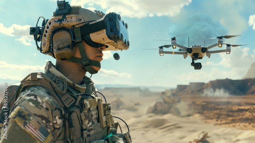 Wall mural Soldier Using VR Headset to Control Drone in Desert