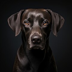 Fototapeta premium A close-up portrait of a serious looking black dog on a black background. The dog has short, dark fur and brown eyes. It is looking directly at the camera with a focused expression.