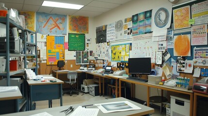 High school lab room with a vibrant display of student projects and posters on scientific discoveries, creating an inspiring learning environment