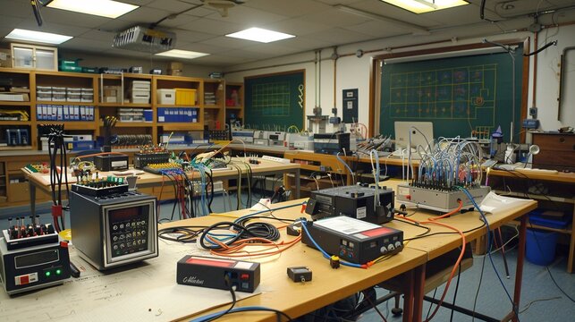 High school lab room set up for a physics experiment on electricity and magnetism, with students using multimeters and power supplies