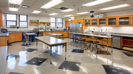 High school lab room with a dedicated space for science fairs and exhibitions, allowing students to present their findings and projects to peers and teachers