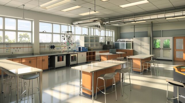 High school lab room with a dedicated space for science fairs and exhibitions, allowing students to present their findings and projects to peers and teachers