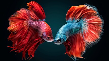 Obraz premium Vibrant close-up of two Betta fish facing each other, showcasing their colorful fins and striking patterns against a dark, blurred background.