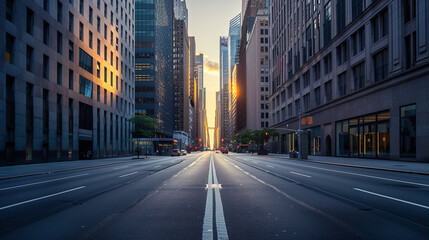 Fototapeta premium An empty street in the city center with tall buildings on both sides