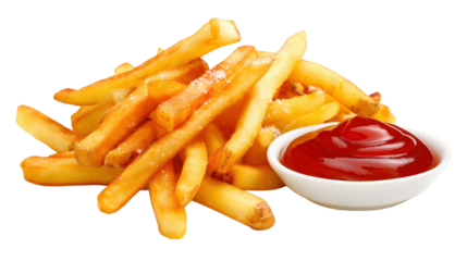 Fries with ketchup isolated on transparent background