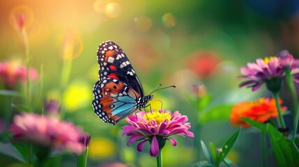 Naklejka premium beautiful butterfly enjoying a flower's nectar in the wild