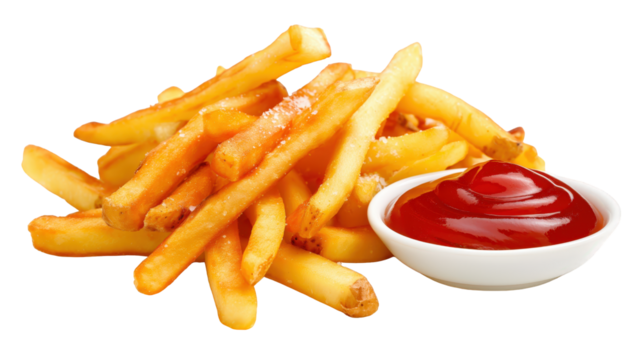 Fries with ketchup isolated on transparent background