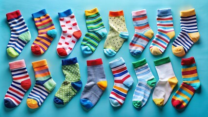 Colorful kids socks lying on blue background
