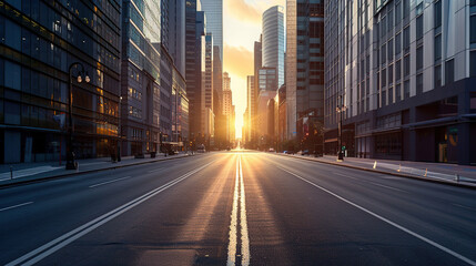 Fototapeta premium An empty street in the city center with tall buildings on both sides