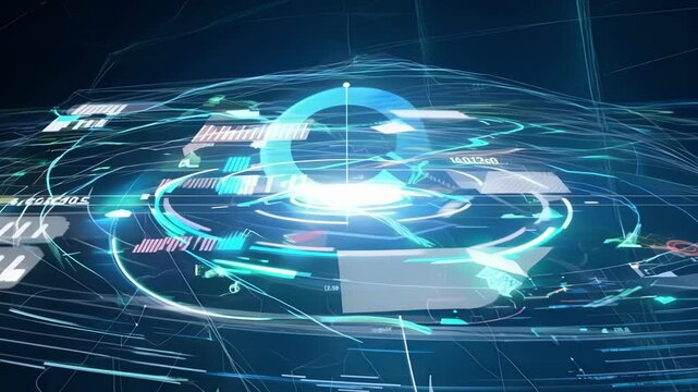 Complex algorithms dance across the holographic screen revealing insights and forecasts for future market performance.