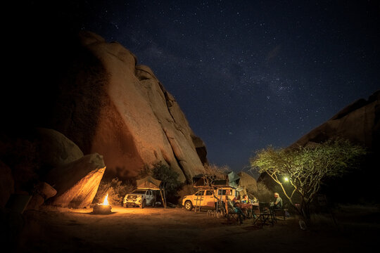 Spitzkoppe landscape at night with camping, Namibia