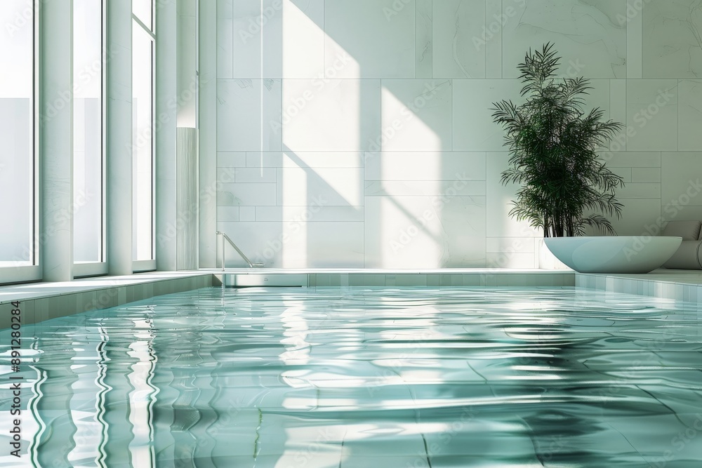 Poster a serene indoor pool area with large windows allowing sunlight to reflect off the calm water, and a 