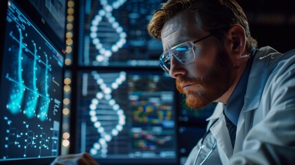 A man geneticist analyzing DNA strands on a computer, with a model of a DNA helix in the background