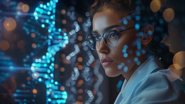 A woman geneticist analyzing DNA strands on a computer, with a model of a DNA helix in the background - Powered by Adobe