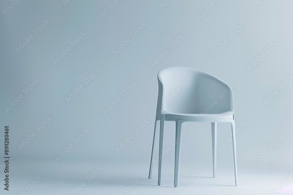 Poster a minimalist white chair featuring a curved backrest placed in an open space, showcasing its simplic