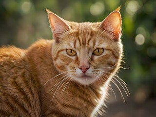 orange cat with blur background, orange cat is sitting and looking