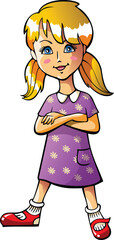 Little girl with big eyes in a dress and red shoes, vector illustration