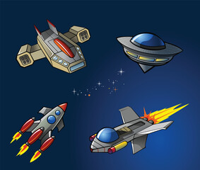 Set of spaceships or rocket ships or UFO in universe, isolated on background, vector illustration