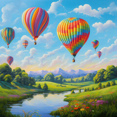 Fototapeta premium Colorful Hot Air Balloons Floating Gracefully Over a Lush Green Valley with Vibrant Flowers and Majestic Mountains