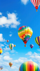 Obraz premium Colorful Hot Air Balloons Floating Gracefully Over a Lush Green Valley with Vibrant Flowers and Majestic Mountains