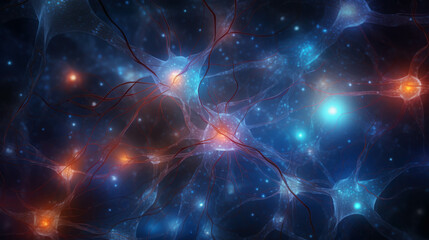 Obraz premium Intricate Network of Glowing Neurons Interconnected in a Deep Blue Cosmic Space