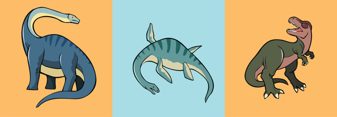 Set of dinosaurs, prehistoric extinct reptiles, vector illustration