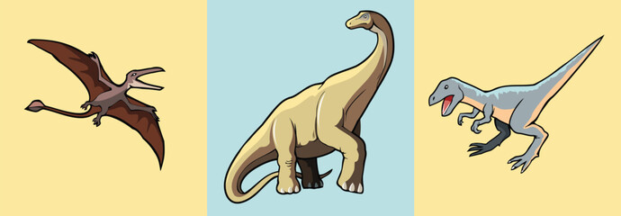 Set of dinosaurs, prehistoric extinct reptiles, vector illustration