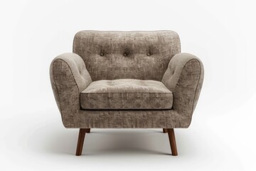 A single retro-style armchair with curved armrests and legs, upholstered in a textured fabric. The chair presents a vintage aesthetic, ideal for stylish interiors.