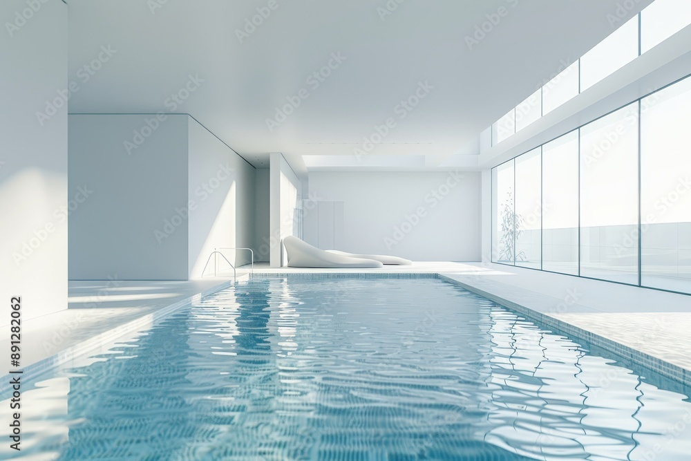 Poster a contemporary indoor swimming pool featuring a sleek, minimalistic design with clean lines and larg