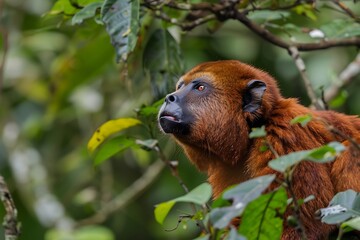Obraz premium Red Howler Monkey calling out from the treetops of the Amazon rainforest its deep and resonant calls echoing through the jungle illustrating the rich and varied primate life of this region