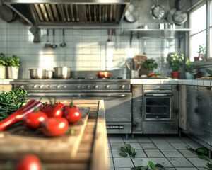 Clean and Organized Commercial Kitchen, Professional Work Environment with Stainless Steel Appliances, Tiled Floor, and Natural Light