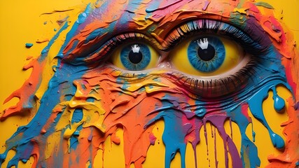 imaginative and fantastical concept. Vibrant, neon rainbow-colored acrylic paint-stained eyes emerge from the paint can hole against a yellow backdrop.