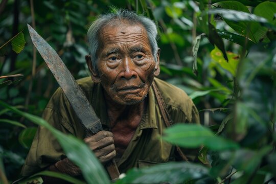 An elderly man is partially concealed within thick jungle foliage, clutching a machete as if poised for action, giving a strong survivalist impression. - Powered by Adobe