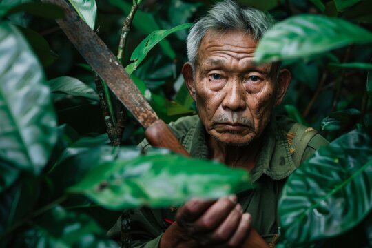 An elderly man stands in dense greenery, gripping a machete, illustrating a survivalist or adventurer theme amidst the wilderness with vibrant leaves and foliage.
