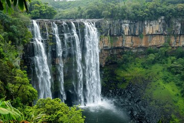 Fototapeta premium A dramatic and awe-inspiring waterfall plunges off a high, sheer cliff face into a seemingly bottomless gorge below, surrounded by lush green vegetation and wildlife.