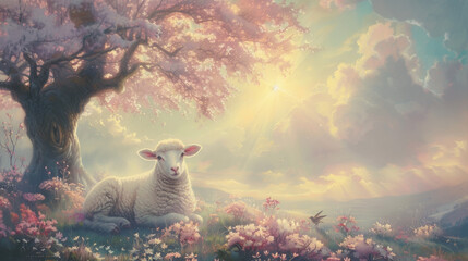 A sheep is laying in a field of flowers next to a tree