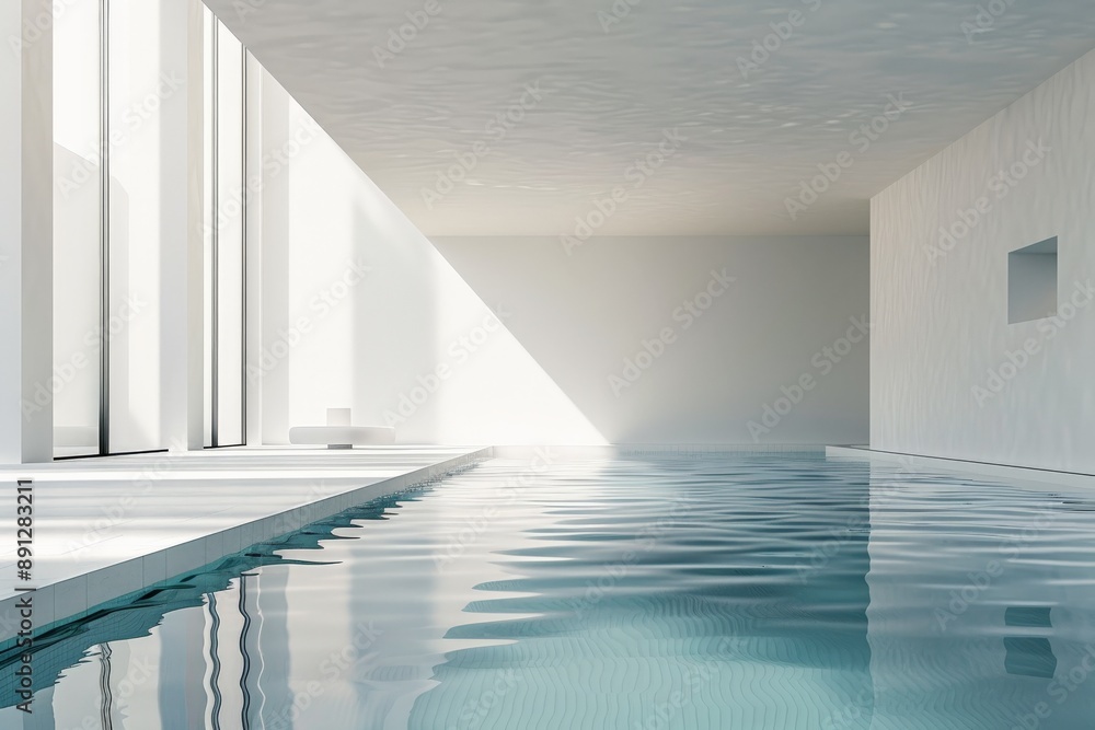 Poster This image captures a luminous indoor pool area with sunlight streaming in from large windows, highlighting the clear water and clean, contemporary poolside space.