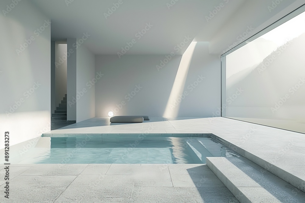 Poster this image displays a minimalistic indoor pool with a stunning mountain view, clean lines, and an ai